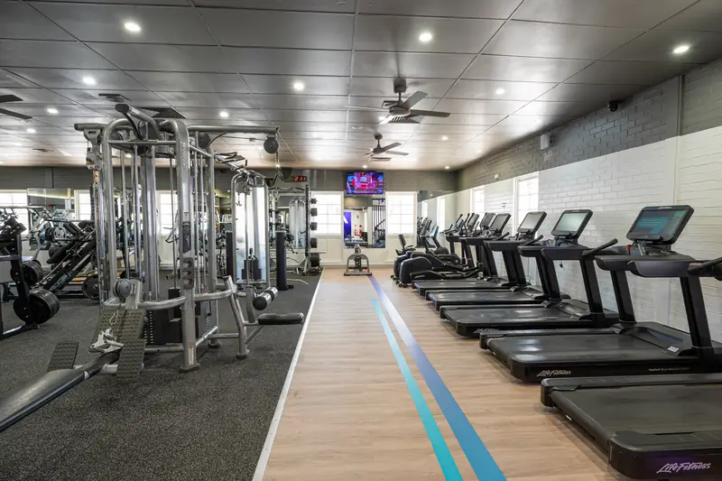 The walkway between the cable stations and the treadmills